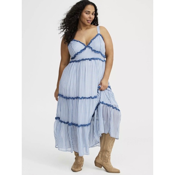 torrid Dresses & Skirts - Torrid Sophie Gingham Blue Maxi Chiffon Tiered Dress Plus Size 3X Size 22-24 NEW